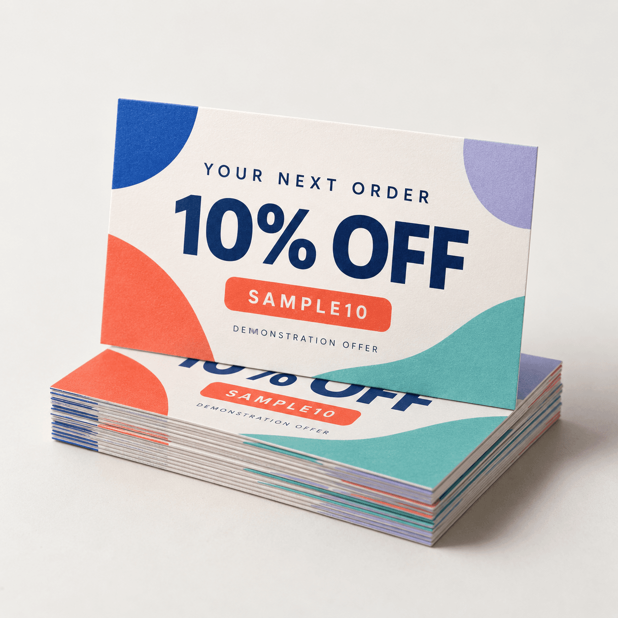 Coupon cards with illustrative promotional artwork