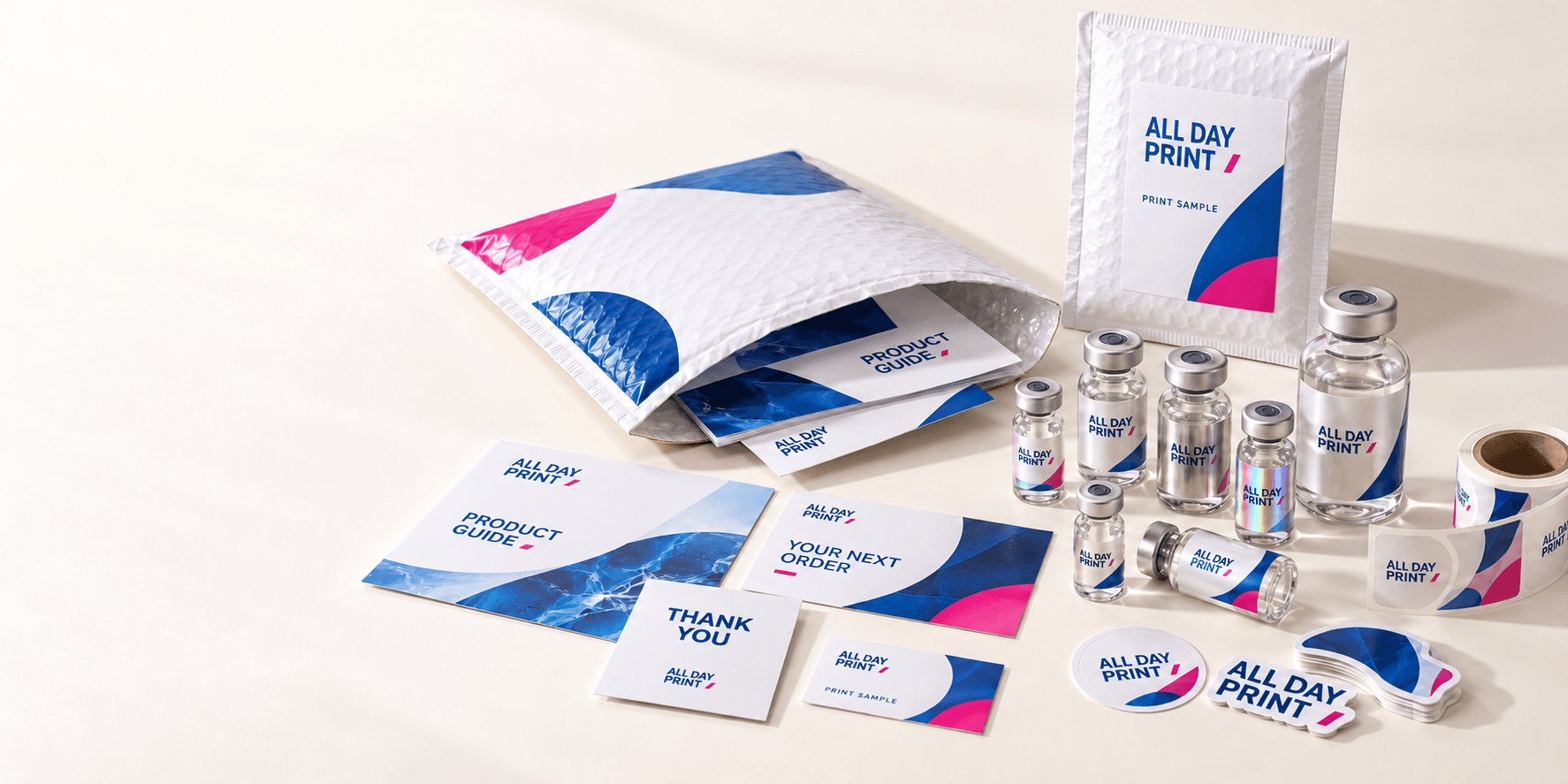 All Day Print labels, bubble mailers, stickers, and printed cards together