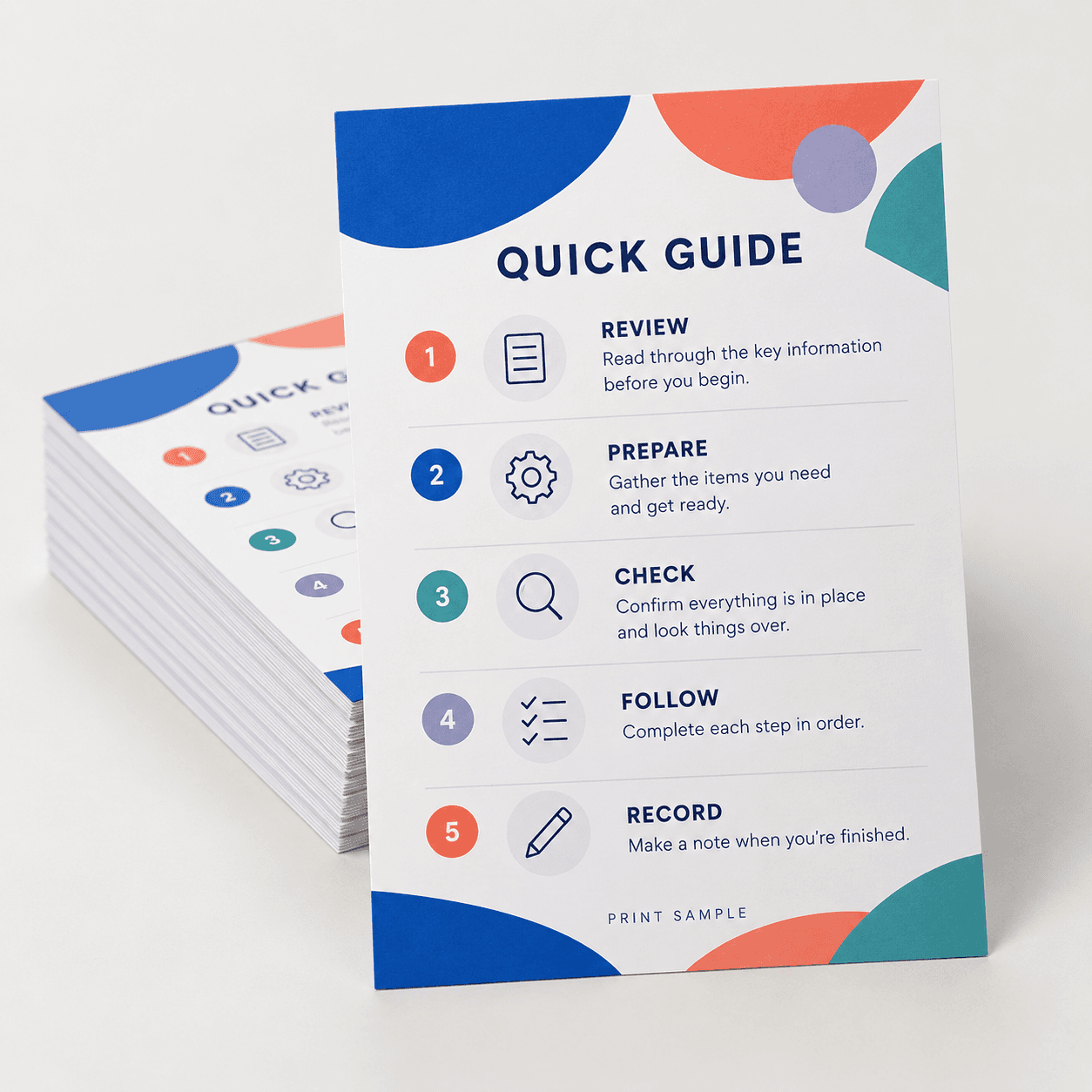 Printed instruction cards with a sample quick guide