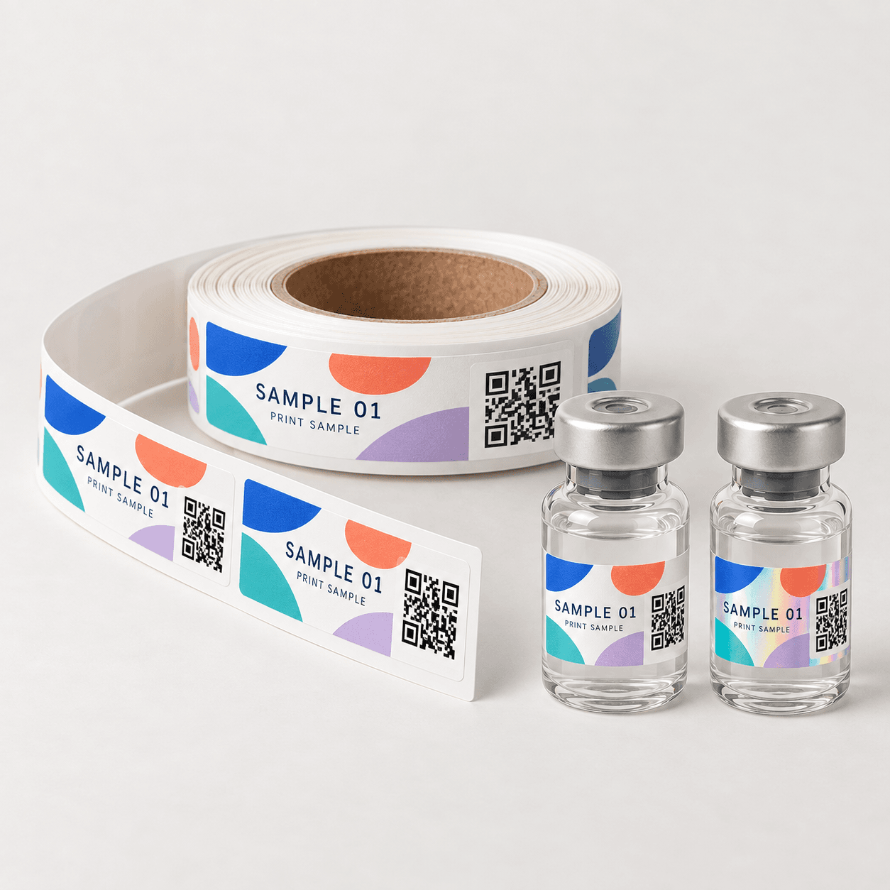 Printed peptide vial labels on a roll and applied to vials
